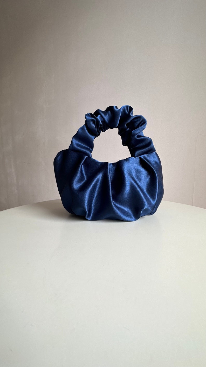 Scrunchie bag, evening woman purse, wedding bag, party bag, blue handmade bag, small satin handbag, wrist bag, stylishpurse, designer woman bag, handmade bag, handmade clutch, navy handbag