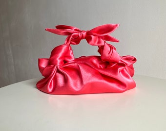Small satin bag with knots | Stylish satin purse | Furoshiki knot bag | coral handbag | +33 colors | Wedding Purse | black handbag for event