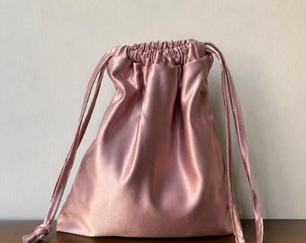 Dusty Pink Satin Shoulder Bag | Satin pouch bag | Handmade Structured Drawstring Purse | Detachable Handle Bag | Elegant Evening Handbag