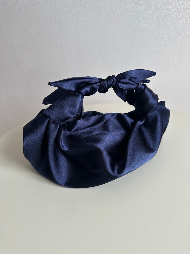 Small satin bag with knots Stylish satin purse Furoshiki knot bag deep blue bag 33 colors Wedding Purse navy handbag for event image 2