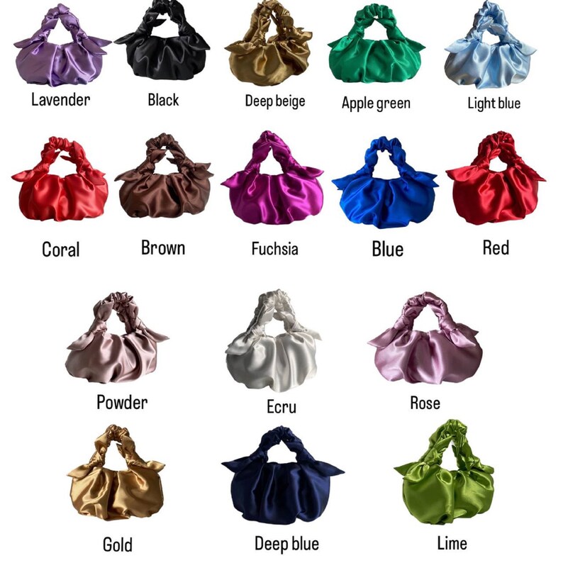 Satin small and big bag with knots scrunchies handbag Furoshiki knot bag Wedding guest bag 25 colors Bag for event small blue bag image 8