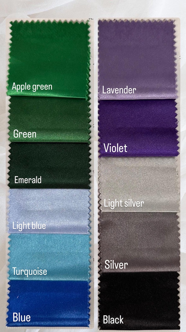 May include: A color swatch image featuring samples of fabric in various colors. The swatches include shades of green, blue, purple, silver, and black. Each swatch is labeled with its corresponding color name, such as "Apple green," "Lavender," and "Silver."
