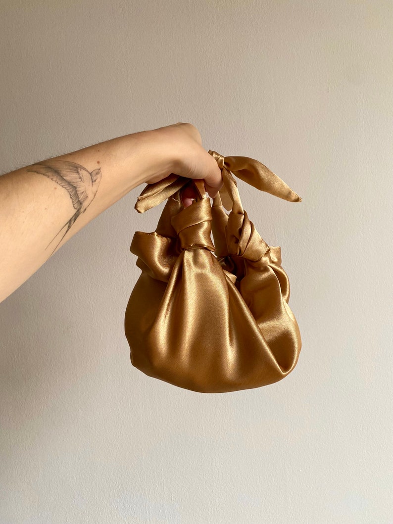 Small satin bag with knots Stylish satin purse Furoshiki knot bag Origami bag 35 colors Wedding Purse gold woman handbag image 7