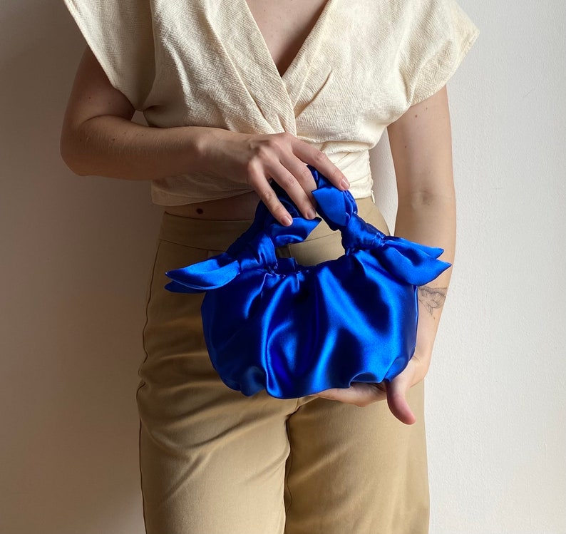 Satin small and big bag with knots scrunchies handbag Furoshiki knot bag Wedding guest bag 25 colors Bag for event small blue bag image 6