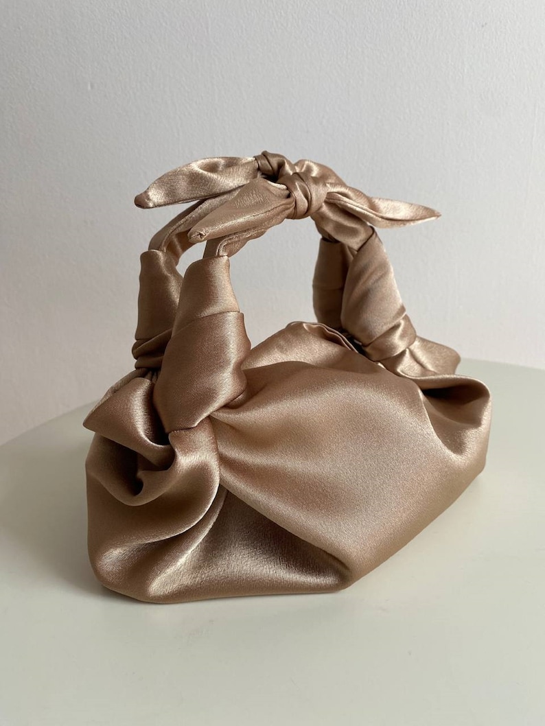 Small satin bag with knots Stylish satin purse Furoshiki knot bag Origami bag 35 colors Wedding Purse Deep Beige handbag image 7