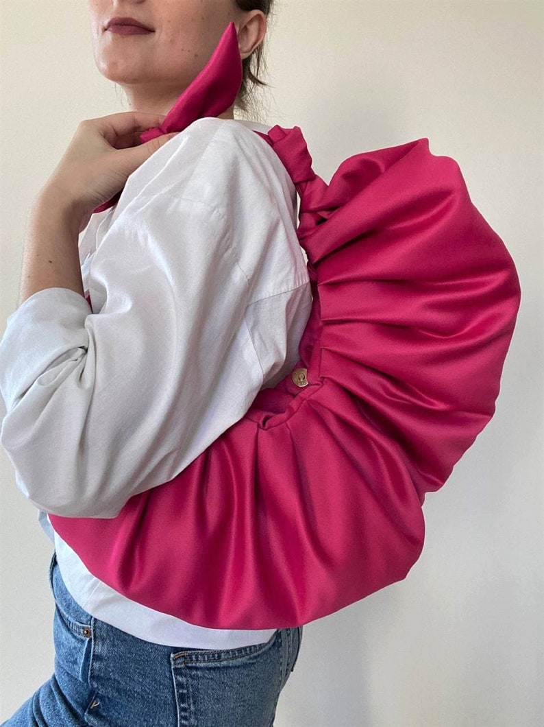 Pink satin bag with knots Croissant bag Scrunchies bag Furoshiki knot bag Gift for her kimono bag wedding bag 25 colors image 3