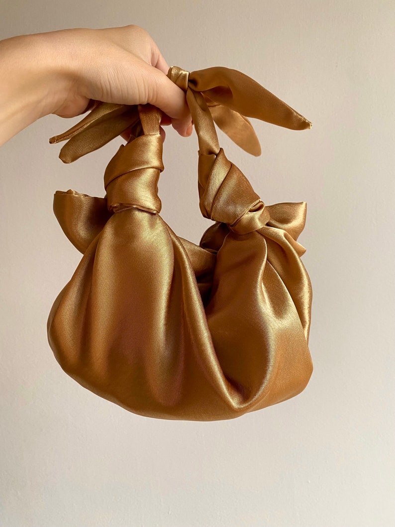 Small satin bag with knots Stylish satin purse Furoshiki knot bag Origami bag 35 colors Wedding Purse gold woman handbag image 3