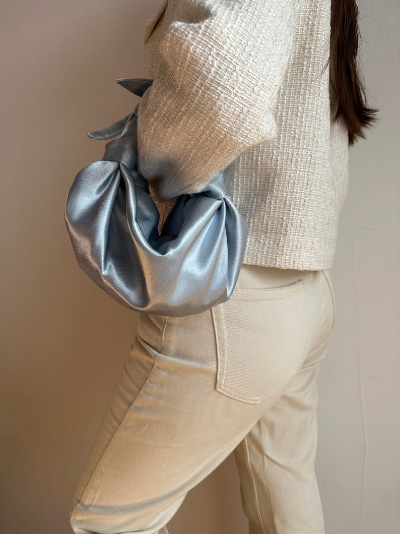 Small satin bag with knots Stylish satin purse Furoshiki knot bag Origami bag 33 colors Wedding Purse light blue bag for event image 5