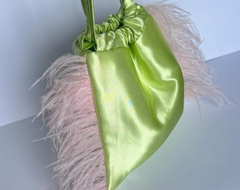 Handmade woman pouch with ostrich feathers |drawstring clutch |cocktail purse | small evening purse | wedding guest bag | evening clutch bag