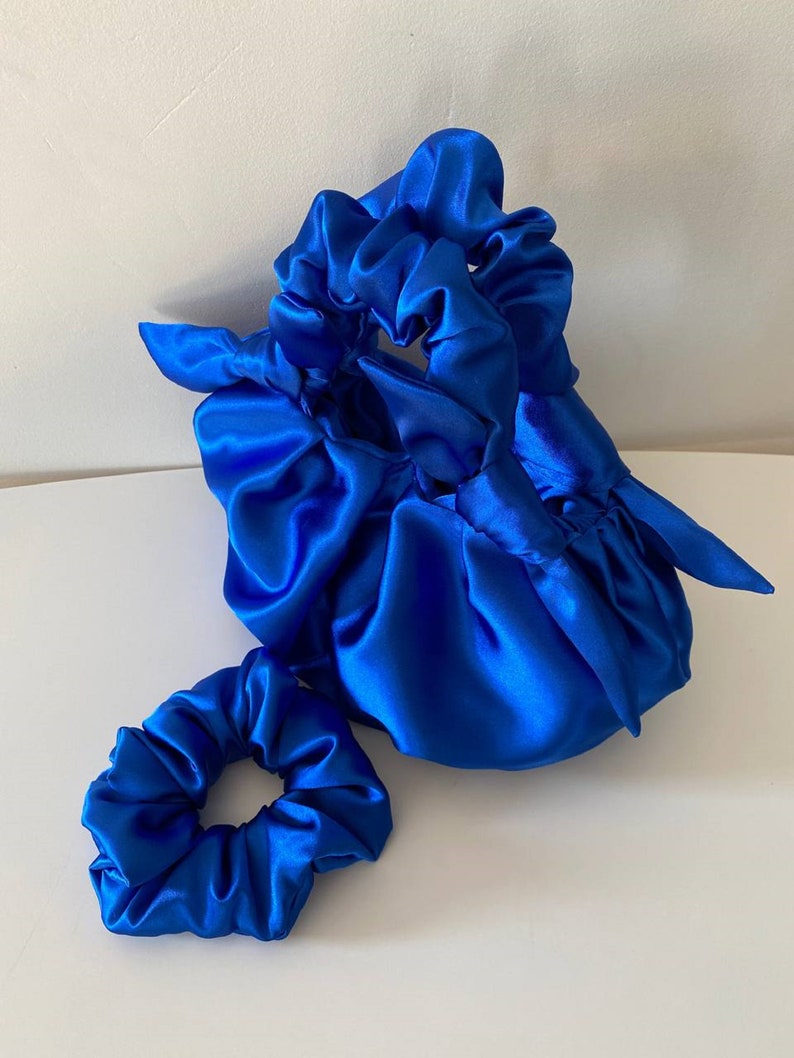 Satin small and big bag with knots scrunchies handbag Furoshiki knot bag Wedding guest bag 25 colors Bag for event small blue bag image 7