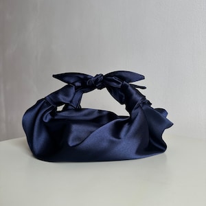 Small satin bag with knots Stylish satin purse Furoshiki knot bag deep blue bag 33 colors Wedding Purse navy handbag for event image 1