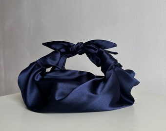 Small satin bag with knots | Stylish satin purse | Furoshiki knot bag | deep blue bag | +33 colors | Wedding Purse | navy handbag for event