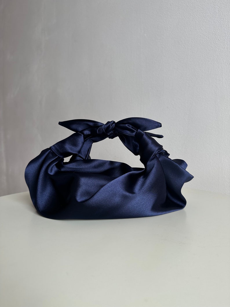 Small satin bag with knots Stylish satin purse Furoshiki knot bag deep blue bag 33 colors Wedding Purse navy handbag for event image 1