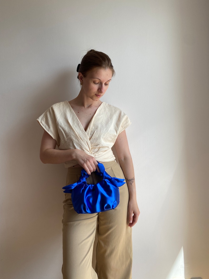 Satin small and big bag with knots scrunchies handbag Furoshiki knot bag Wedding guest bag 25 colors Bag for event small blue bag image 2