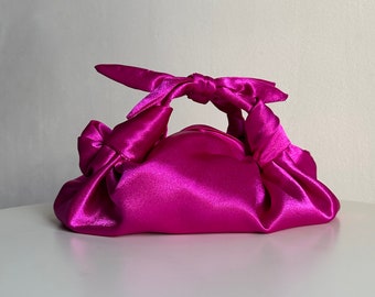 Small fuchsia satin bag | bag with knots | perfect bag for wedding | party bag | evening purse| furoshiki knot bag