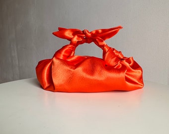 Small satin bag with knots | Stylish satin purse | Furoshiki knot bag | Orange purse| +33 colors | Wedding Purse | orange handbag for event