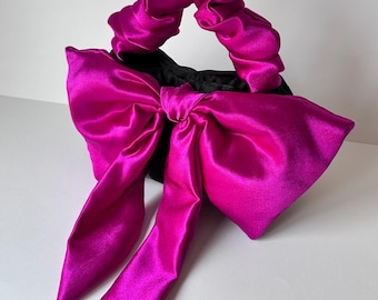 Satin Mini Bag with Oversized Bow – Handmade Statement Purse, Barbiecore Clutch, Party Bag, Gift for Her