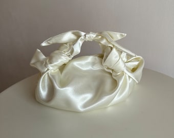 Small satin bag with knots |Furoshiki bag | silk satin bridal bag |+33 colors | Wedding Purse| handmade luxury bag| warm ecru satin bag