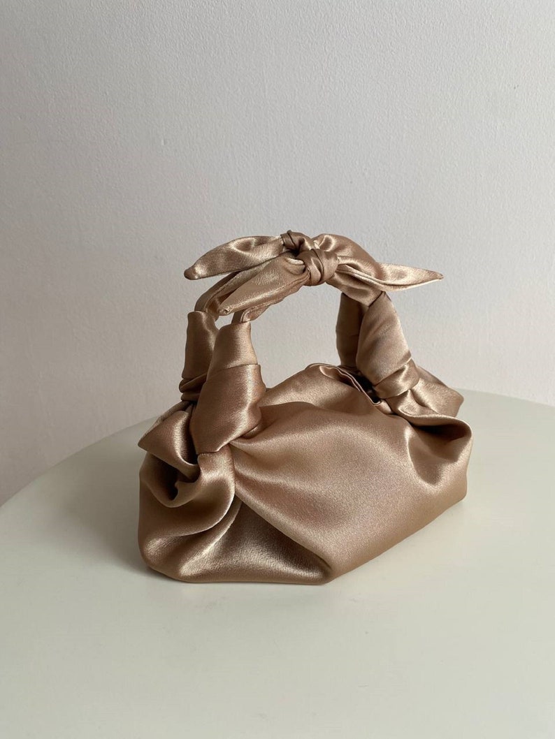 Small satin bag with knots Stylish satin purse Furoshiki knot bag Origami bag 35 colors Wedding Purse Deep Beige handbag image 1