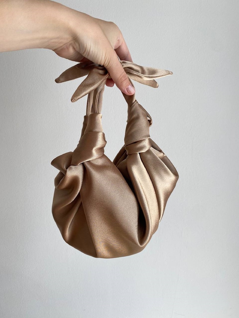 Small satin bag with knots Stylish satin purse Furoshiki knot bag Origami bag 35 colors Wedding Purse Deep Beige handbag image 5