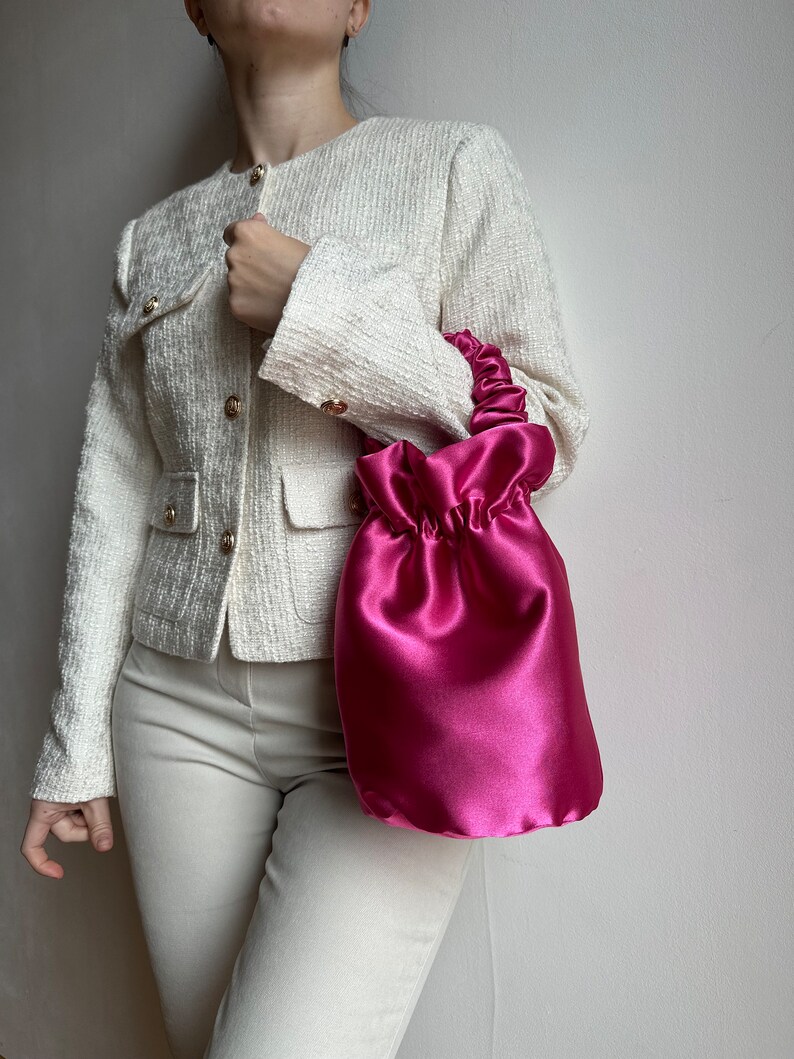 Sac de soirée en satin Sac à main de mariage en satin élégant sac pour demoiselles d'honneur Sac seau 35 couleurs Sac à main de créateur rose image 2