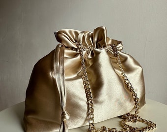 Satin big drawstring bag | champagne woman bag |+25 colors | Evening woman handmade bag | shoulder bag with chain| Wrist vintage bag