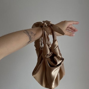 Small satin bag with knots Stylish satin purse Furoshiki knot bag Origami bag 35 colors Wedding Purse Deep Beige handbag image 4