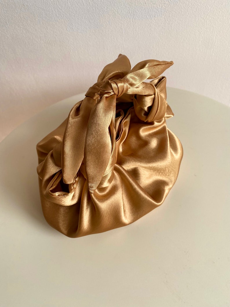 Small satin bag with knots Stylish satin purse Furoshiki knot bag Origami bag 35 colors Wedding Purse gold woman handbag image 5