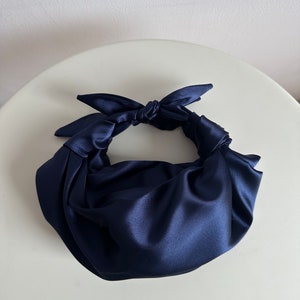 Small satin bag with knots Stylish satin purse Furoshiki knot bag deep blue bag 33 colors Wedding Purse navy handbag for event image 4