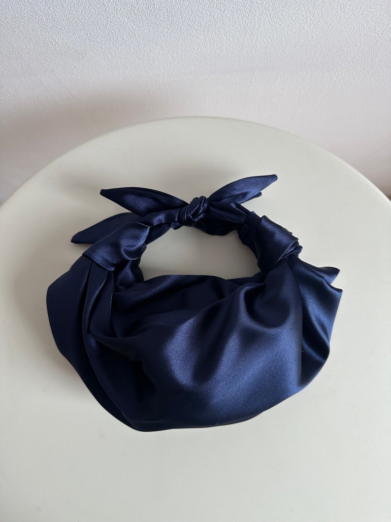 Small satin bag with knots Stylish satin purse Furoshiki knot bag deep blue bag 33 colors Wedding Purse navy handbag for event image 4