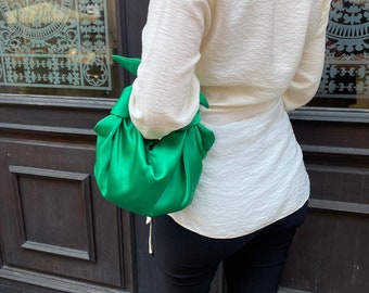 Small satin bag with knots | Stylish satin purse | Furoshiki knot bag | Origami bag | +25 colors | Wedding Purse | apple green handbag