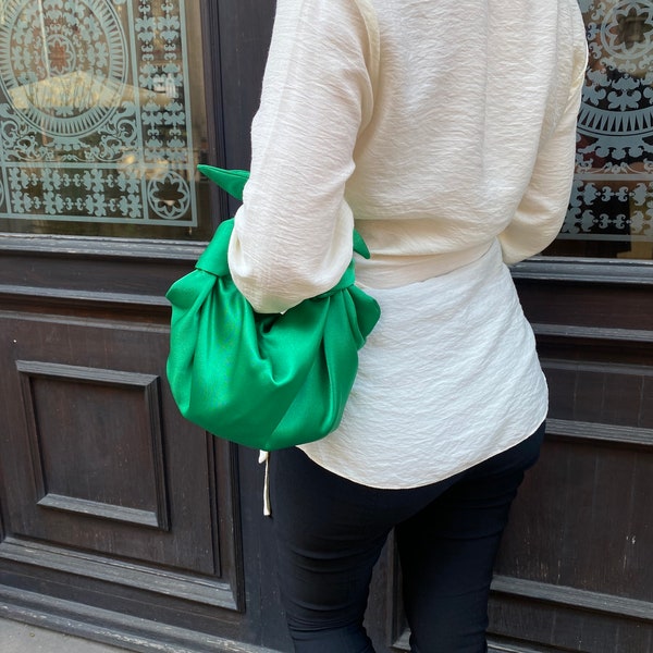 Small satin bag with knots | Stylish satin purse | Furoshiki knot bag | Origami bag | +25 colors | Wedding Purse | apple green handbag