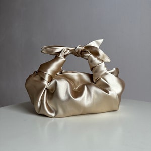 Champagne satin bag with knots Stylish satin purse Furoshiki knot bag bag with bows 35 colors Wedding Purse gold woman handbag image 1