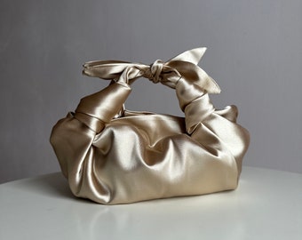 Champagne satin bag with knots | Stylish satin purse | Furoshiki knot bag | bag with bows | +35 colors | Wedding Purse | gold woman handbag