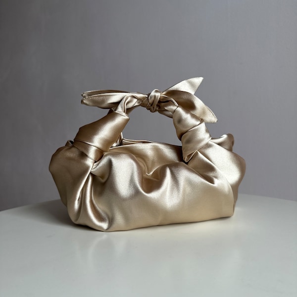 Champagne satin bag with knots | Stylish satin purse | Furoshiki knot bag | bag with bows | +35 colors | Wedding Purse | gold woman handbag