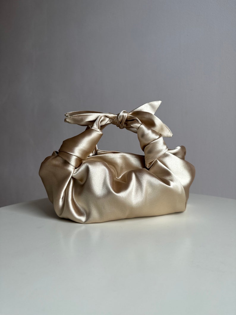 Champagne satin bag with knots Stylish satin purse Furoshiki knot bag bag with bows 35 colors Wedding Purse gold woman handbag image 1