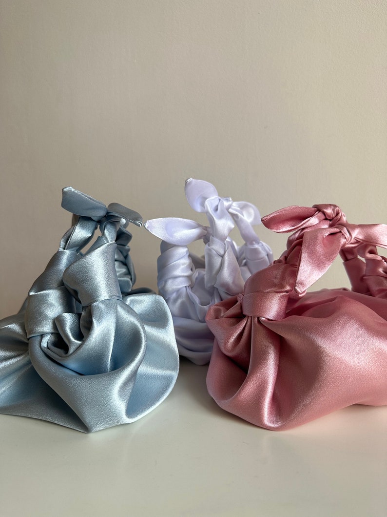 Small satin bag with knots Stylish satin purse Furoshiki knot bag Origami bag 33 colors Wedding Purse light blue bag for event image 7