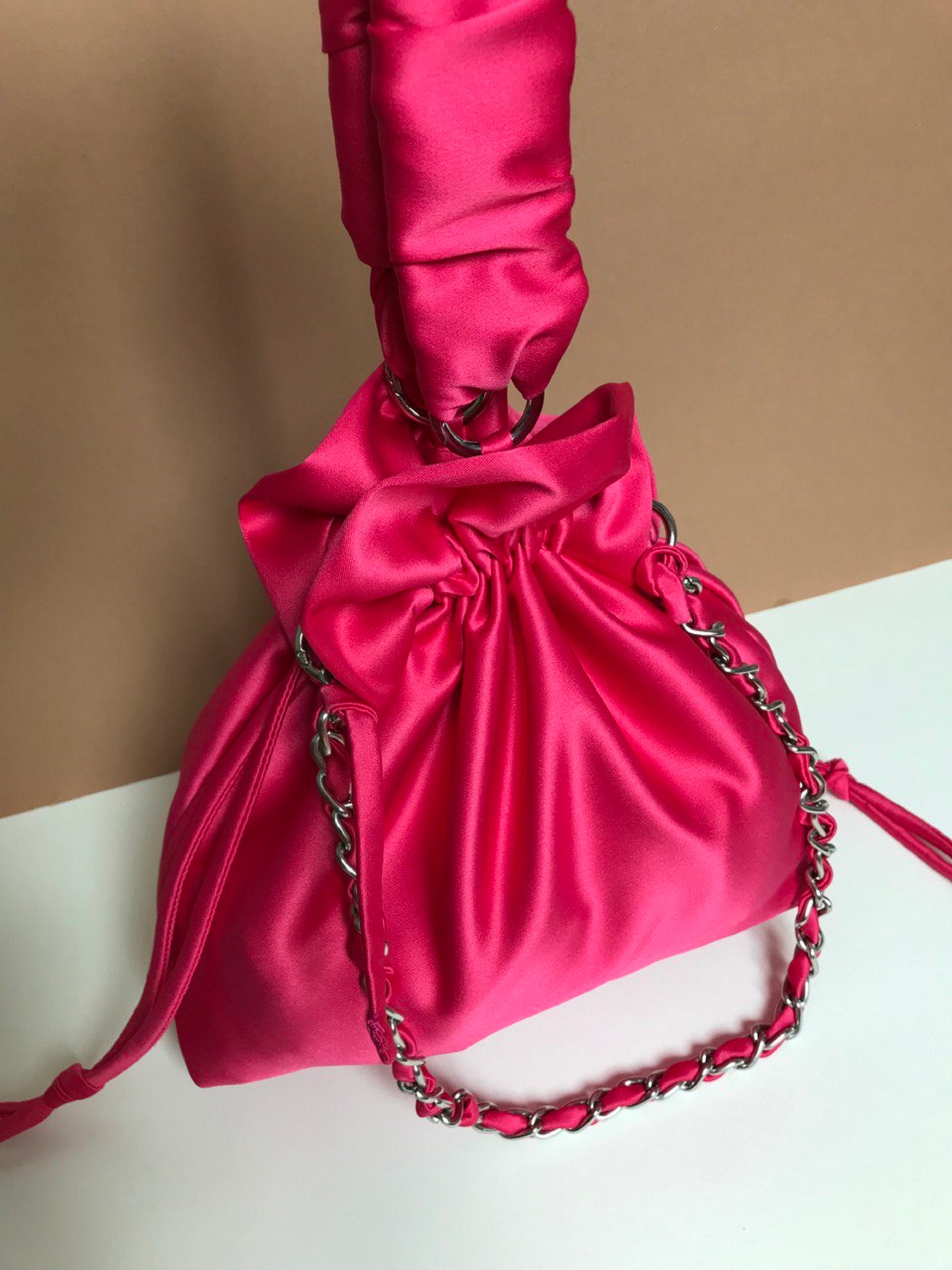 Women's Silver Chain Hot Pink Satin Mini Grab Bag