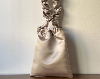 Elegant Satin Shoulder Bag with Scrunchie Strap, Silk Evening Bag, Detachable Strap Handbag, Neutral Minimalist Purse