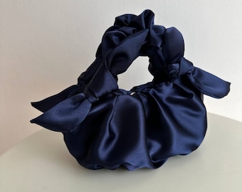 Satin handmade Bag with knots | small and big deep blue bag | designer satin clutch bag | Furoshiki knot bag | woman evening bag |+25 colors