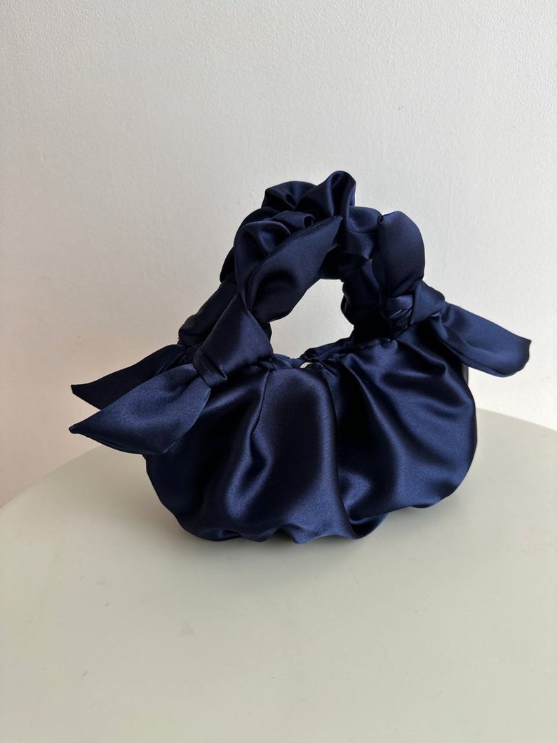 Satin Designer Bag with knots small and big deep blue bag navy bag for any occasion Furoshiki bag woman evening bag 25 colors image 1