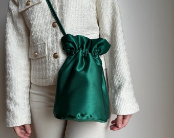 Satin evening bag | Stylish satin wedding purse| bag for bridesmaids | Bucket bag| +35 colors | Green designer handbag