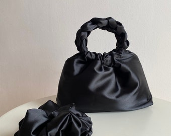 Black satin bag | Small bag for event | bag with round handles| Bag for wedding| evening bag | + 25 colors | handmade woman purse