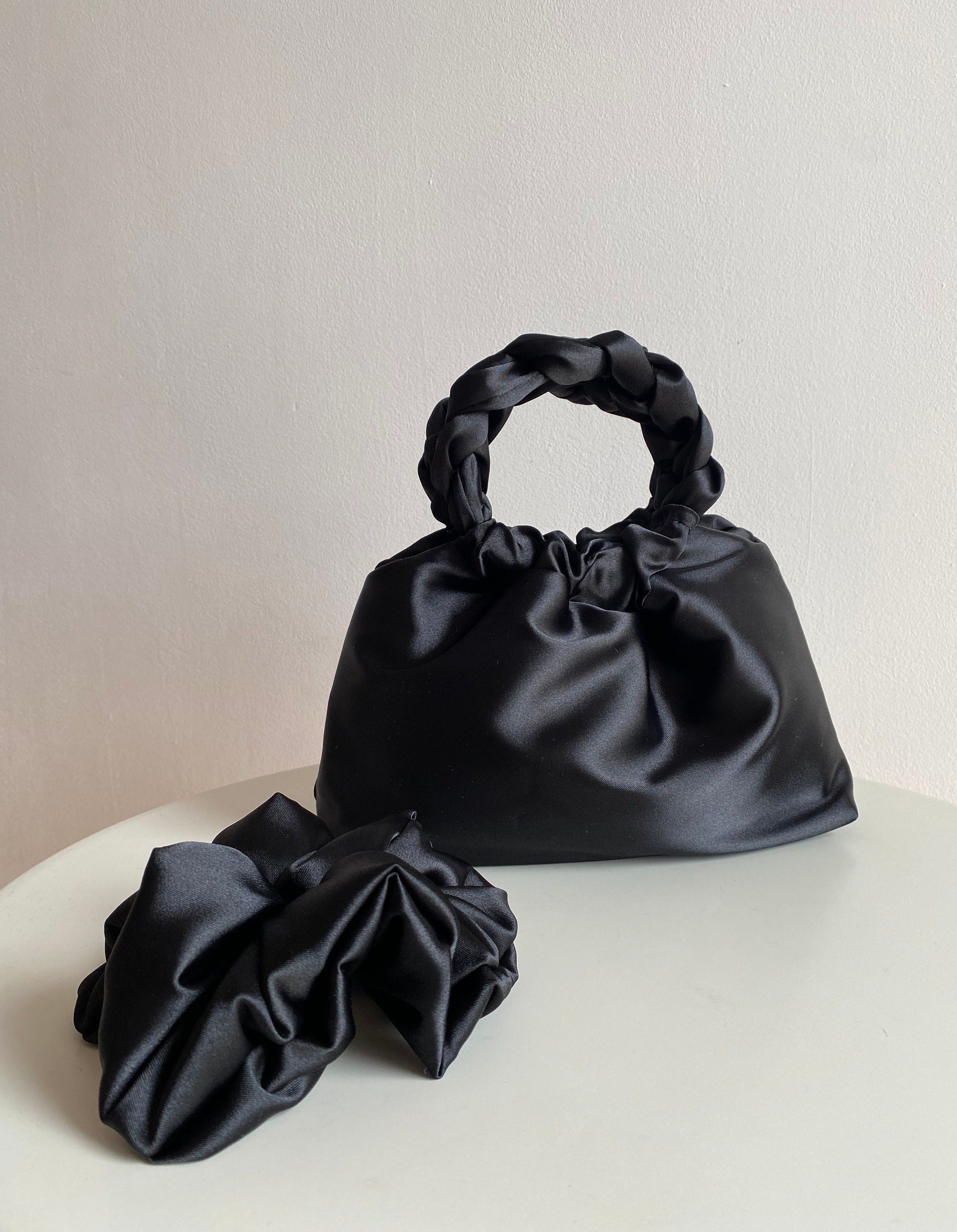 Black satin handbag sales