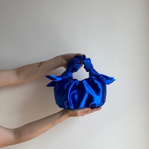 Satin small and big bag with knots scrunchies handbag Furoshiki knot bag Wedding guest bag 25 colors Bag for event small blue bag image 1