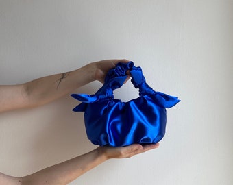 Satin small and big bag with knots | scrunchies handbag | Furoshiki knot bag | Wedding guest bag| +25 colors | Bag for event |small blue bag