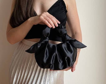 Handmade Satin small and big black bag | Wedding purse | +35 colors | Handmade evening bag | handmade bag with knots | furoshiki knot bag
