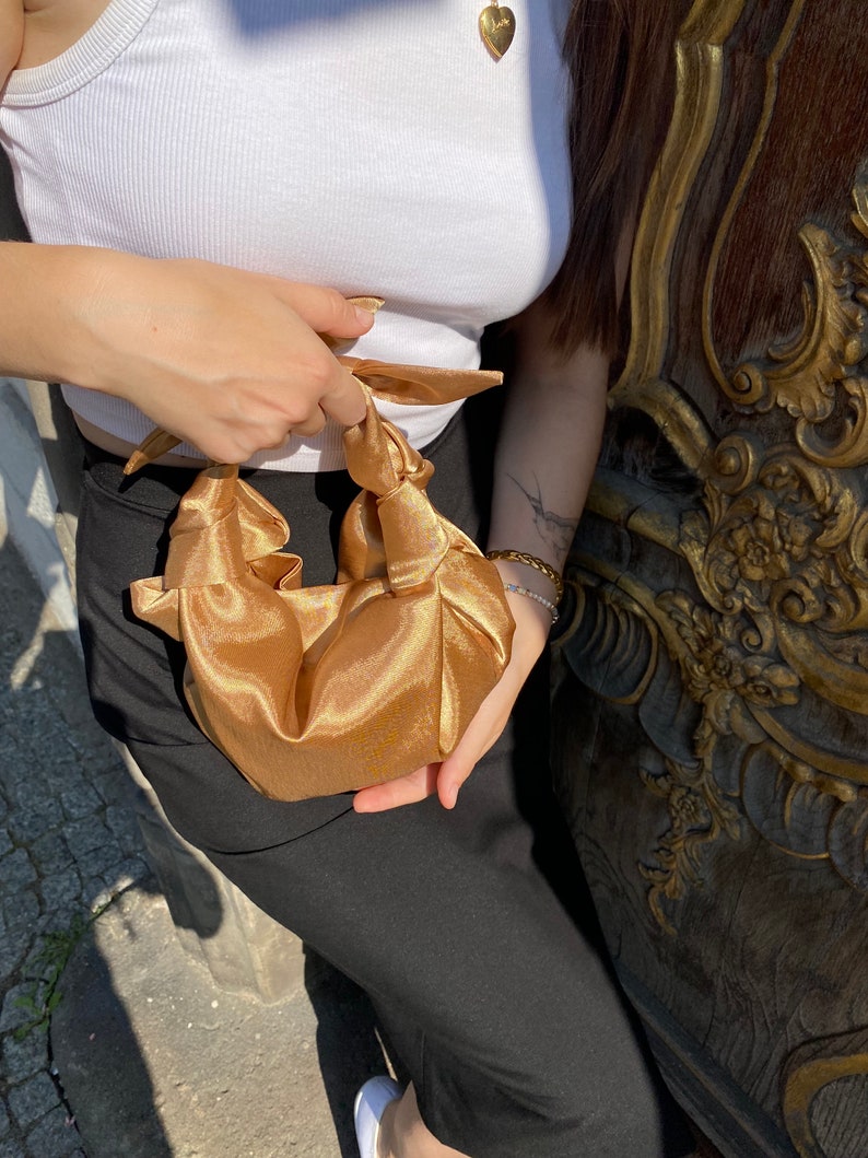 Small satin bag with knots Stylish satin purse Furoshiki knot bag Origami bag 35 colors Wedding Purse gold woman handbag image 6