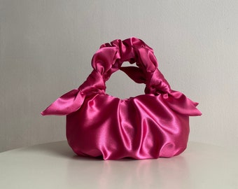 Pink satin small evening bag | Furoshiki knot bag | +25 colors | bag for any occasion | wedding purse |