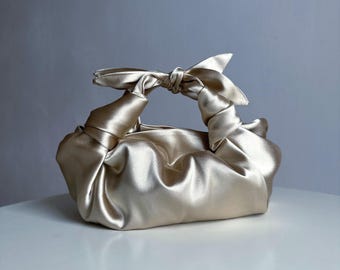 Champagne satin bag with knots | Furoshiki knot bag | bag with bows | +35 colors | Wedding Purse | cold champagne woman handbag